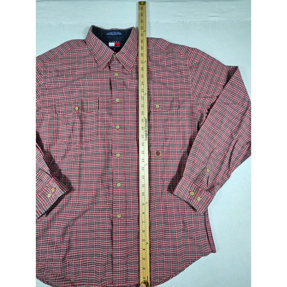 Tommy Hilfiger Mens XL Red Plaid Button Down Shirt Long Sleeve Crest Logo Cotton